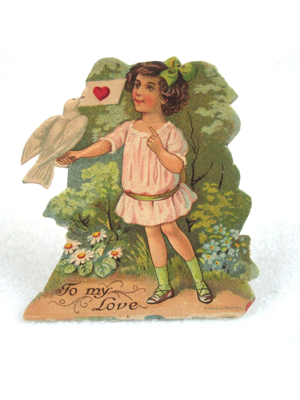 Vintage Valentine Die Cut Stand Up Girl Pink Dress & White Dove 1920-30s Germany